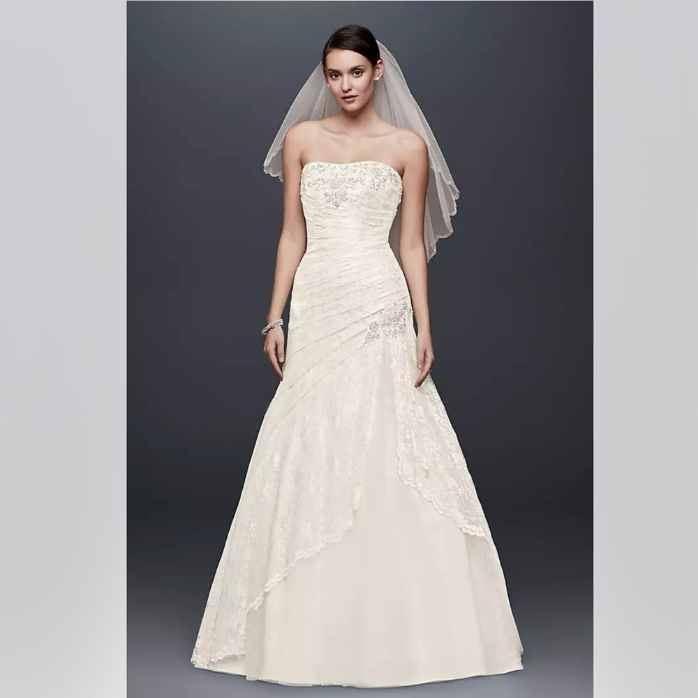 David's Bridal Strapless, Lace Fit and Flare Wedding Dress - Style YP3344 - Picture 3 of 16